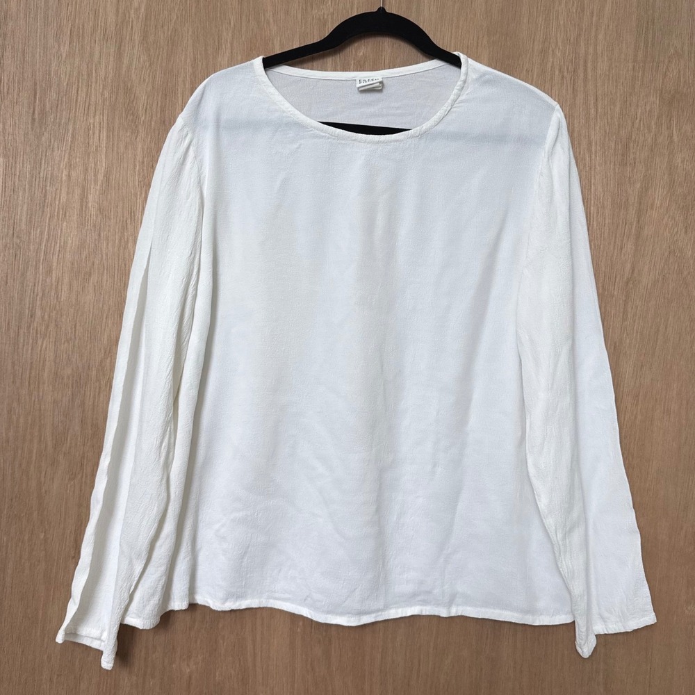 Eileen Fisher White Textured Long Sleeve Crew Neck Blouse Top Large L USA Made
